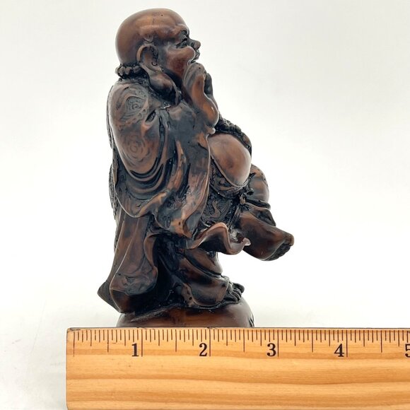 Laughing Buddha Figurine 6" Carved Solid Wood Dark Stain Chinese Script 1.5 lbs - Picture 13 of 14